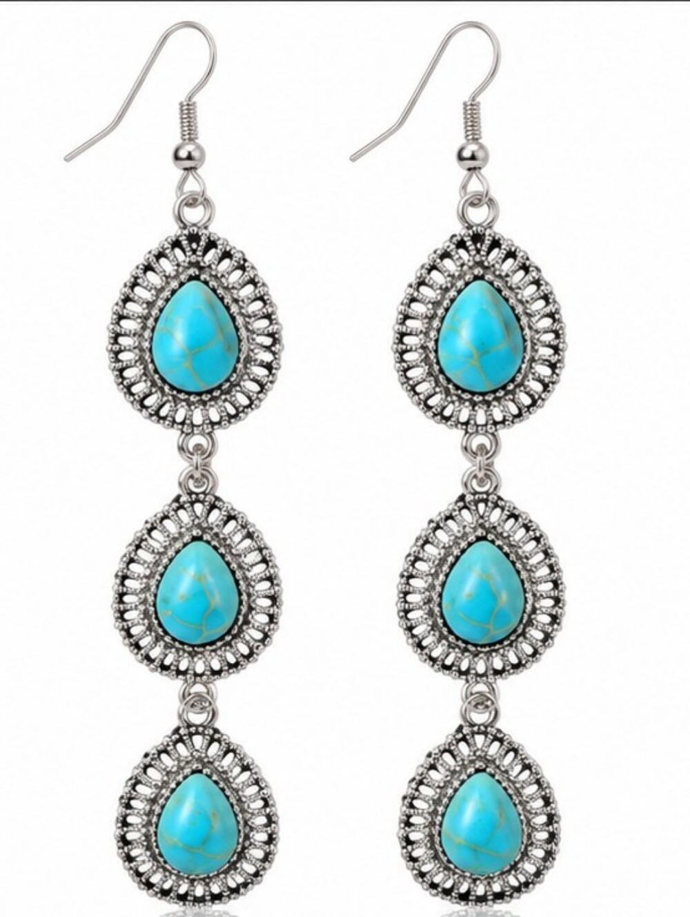 Boho Turquoise Howlite Teardrop Dangle Earrings Silver Tone Southwest 2.75"